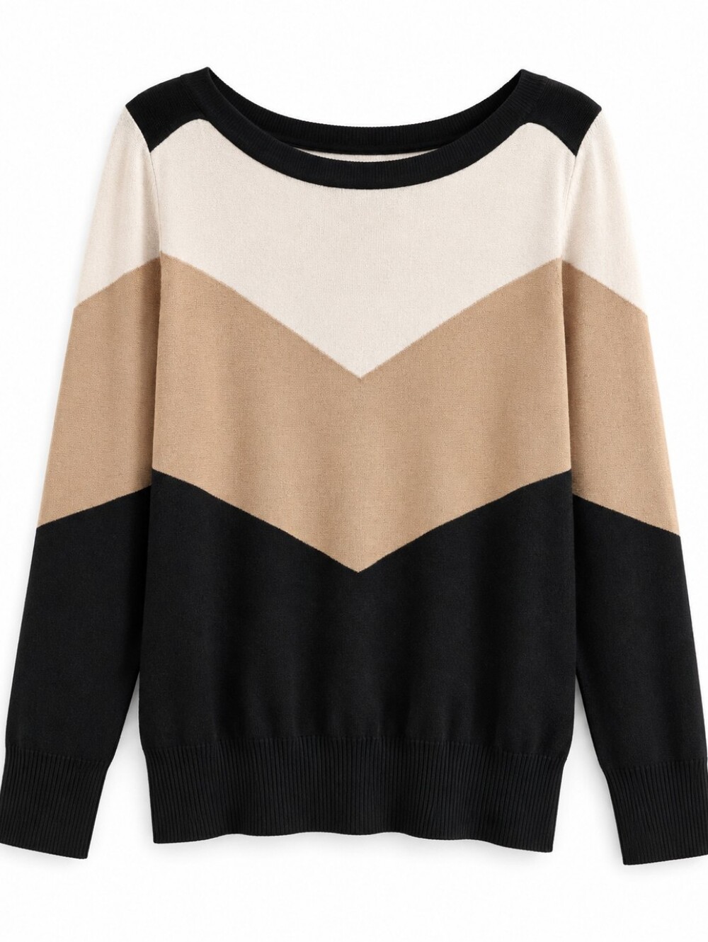 le chateau Chevron Colorblock Crew Sweater - Black, Tan & Cream Size XXL